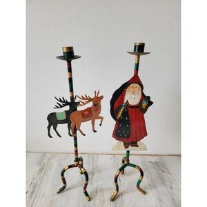 Vintage Santa Claus‎ reindeer Candlestick metal Xmas holder set